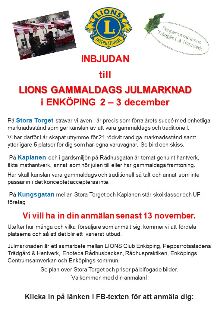 Inbjudan Säljare Lions Pepparrotstaden JM 2023